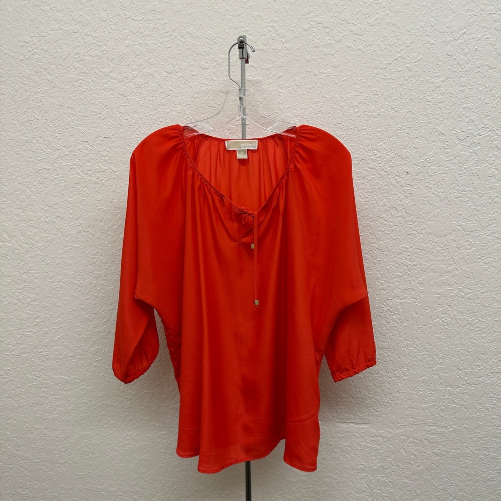 Michael Michael Kors Womens Orange Red Tie Front Peasant Blouse Medium